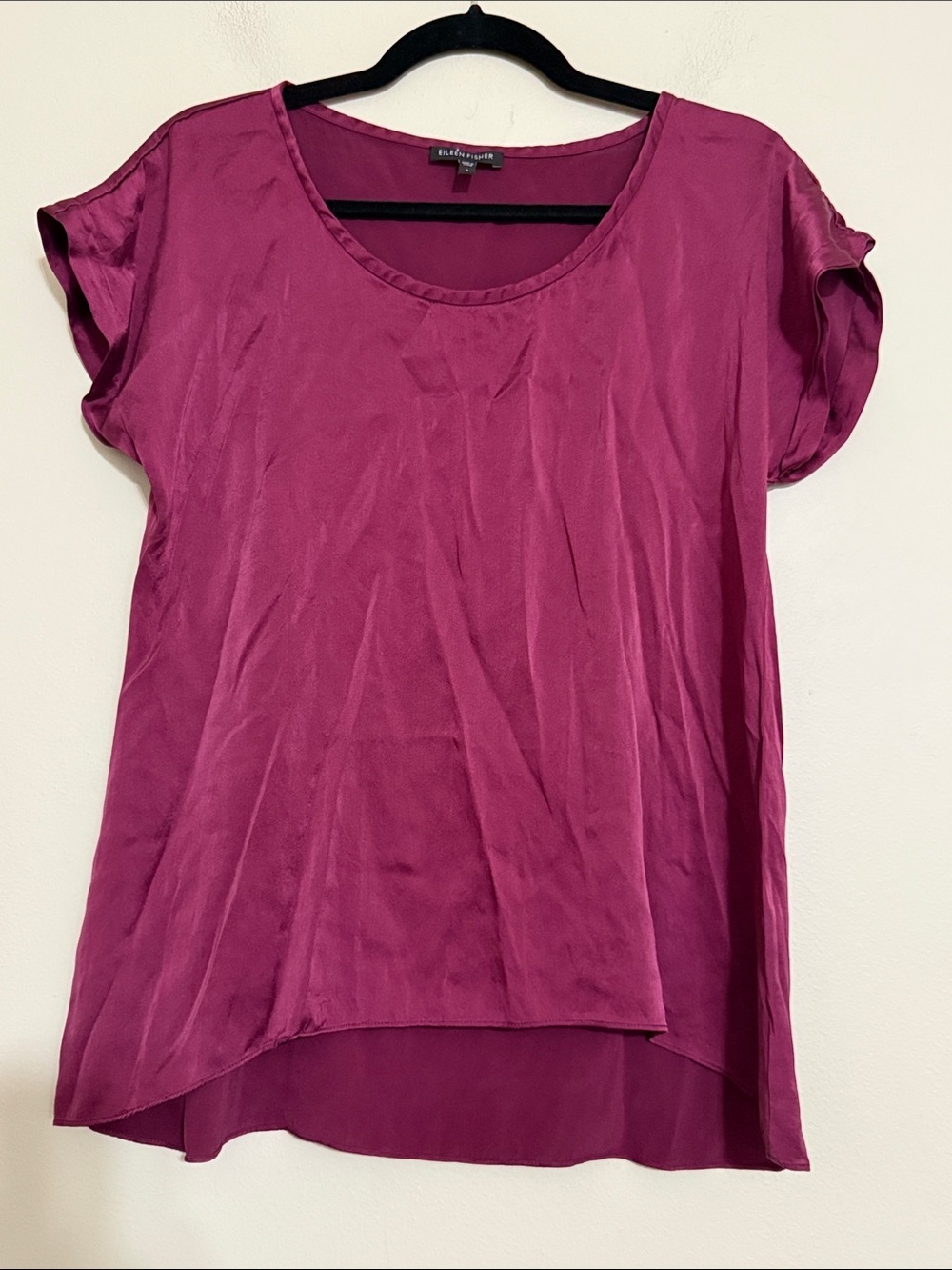 Eileen Fisher Magenta Short Sleeve Scoop Neck Blouse women S 100% silk soft Y2K
